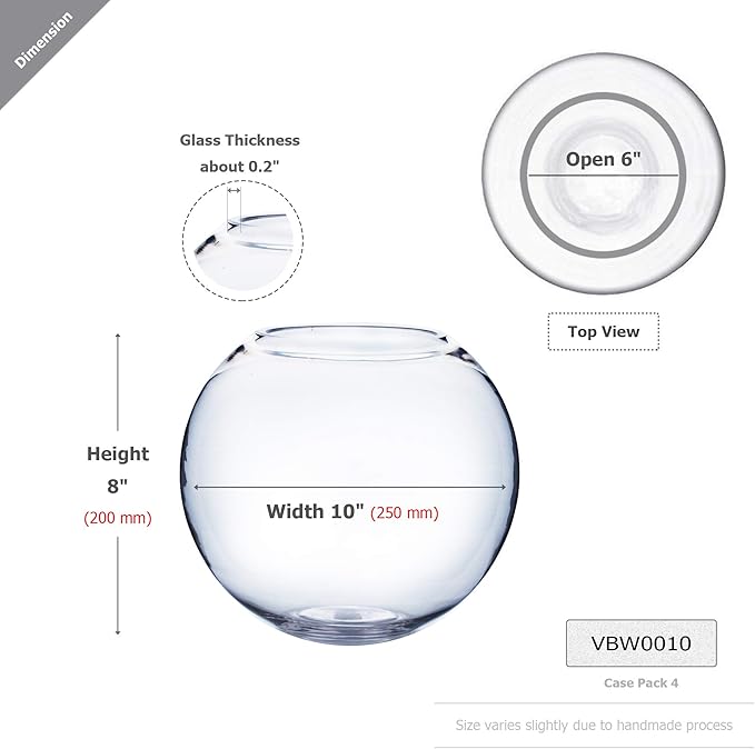 WGV Bowl Glass Vase Bulk, Diameter 10", Height 8", Open Width 6", (Multiple Sizes Choices) Clear Bubble Planter Terrarium Fish Bowl for Wedding Event Home Decor, 4 Pieces (VBW0010)