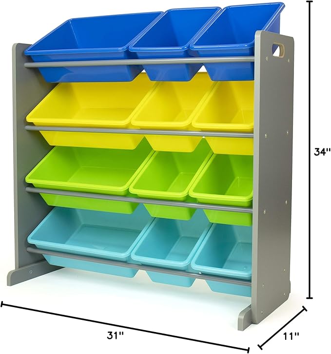 Humble Crew Kids Toy Storage Organizer with 12 Plastic Bins, Grey/Blue/Green/Yellow – Removable Bins for Playroom, Bedroom, Toddler Furniture for Boys and Girls Ages