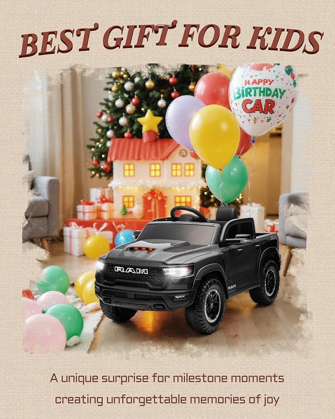 12V Licensed Ram 1500 Ride on Toy for Kids, Toddler Ride on Pickup Truck with Parent Remote Control, Electric Car for Kids with Truck Bed Storage, 3 Point Safety Belt (Black)