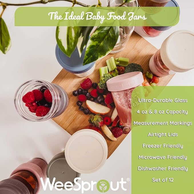 WeeSprout Glass Baby Food Storage Jars w/ Lids (4/8 oz, 12 Pack Set) Snack, Reusable Small Containers, Breast Milk, Fridge, Freezer, Microwave & Dishwasher Safe, Essential Must Have for Infants