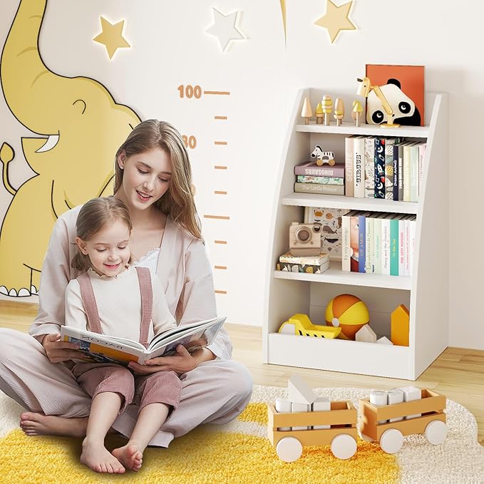 Kids Bookshelf and Toy Organizer,4 Tier Kids Book Shelf for Kids Rooms,Wood Children Bookcase,Baby Storage Book Rack,Toddler Bookshelf,Toy Storage Organizer,Book Display Shelf for Playroom, Nursery