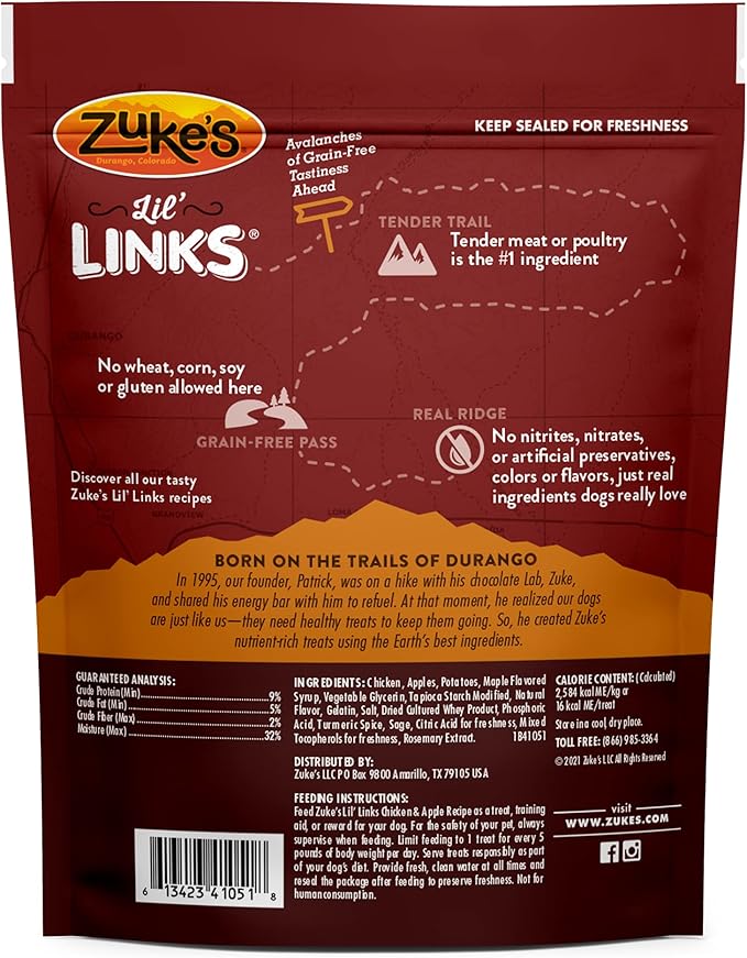 Zuke’s Lil’ Links Dog Treats for Dogs of All Sizes, Snacking Sausage Treats for Dogs, Pet Treats made with Real Chicken & Apple, 6 oz. Resealable Pouch - 6 oz. Bag