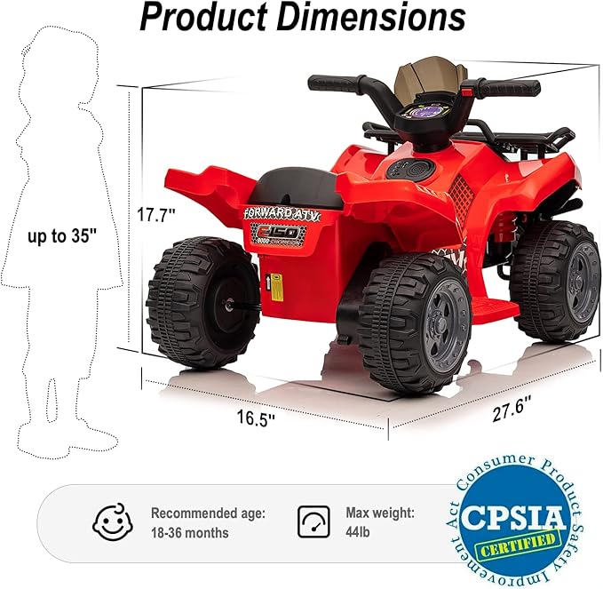 Kids ATV 4 Wheeler, 6V Ride-On Toy for Toddlers Boys & Girls with Music, Forward & Reverse - Red