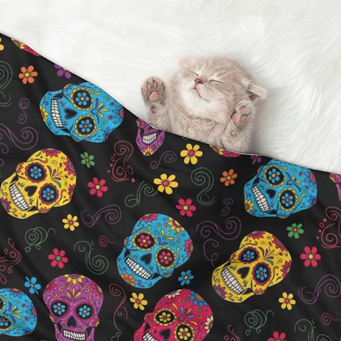 Pet Blanket for Indoor Outdoor Use, Sugar Skulls, Two Sided Reversible Plush Mat with Bumpy Dot Texture for Patios Crates Portable Bed Companion