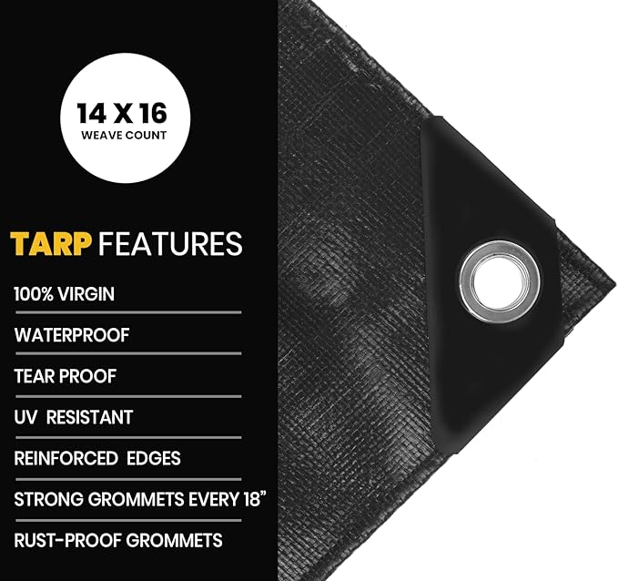 PROTARP Extra Heavy Duty 16 Mil Tarp Cover, Waterproof, UV Resistant, Rip and Tear Proof, Poly Tarpaulin with Reinforced Edges for Roof, Camping, Patio, Pool, Boat. (Black 12′ X 20′)