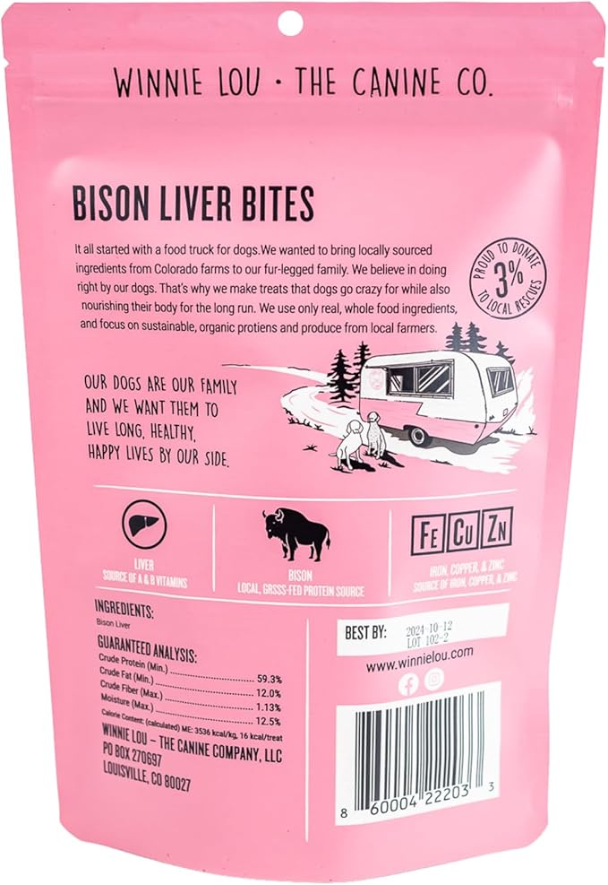 Winnie Lou Bison Liver Bites Dog Treats – Limited Ingredient, Human Grade, Training Treats for Small, Medium & Large Dogs, USA Made, High Protein, Chews, Hypoallergenic, Sensative Stomach (2 Pack)