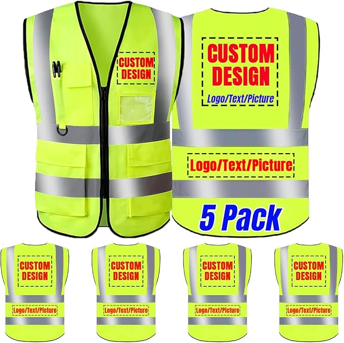 BeautyWill Safety Vest 5 Pack Customize Logo Class 2 High Visibility Reflective Vest with 5 Pockets Construction Security Work Vest ANSI/ISEA Standards（Yellow，XXL）