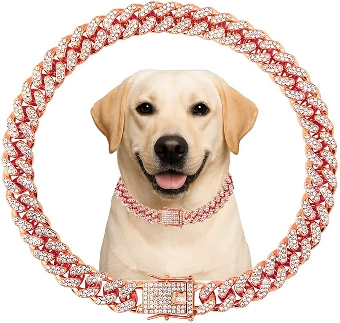 Dog Collar Cuban Link Rose Glod Crystal Dog Necklace Metal Chain Collar with Design Secure Buckle Pet Collar Jewelry Accessories for Small Medium Large Dogs Cats(Rose Glod 12inch)
