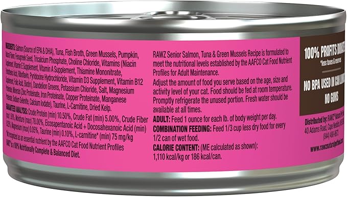 Rawz Natural Premium Pate Canned Cat Wet Food - Made with Real Meat Ingredients No BPA or Gums - 5.5oz Cans 24 Count (Salmon & Green Mussels for Seniors)