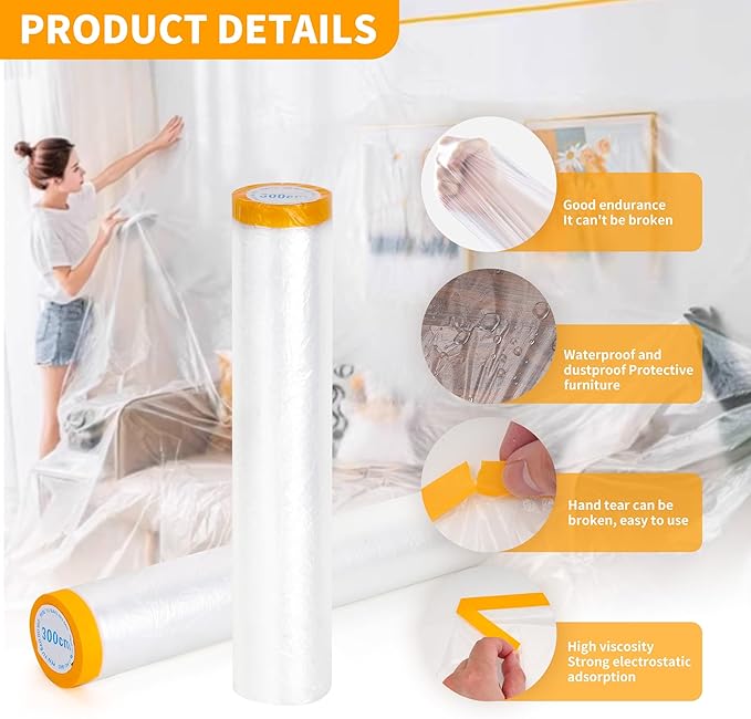 Pre-Taped Masking Film 3 Pack Each 118in x 65 feet Rolls, Tape and Drape, Painters Plastic Sheeting Drop Cloth for Automotive Painting Covering, House Decoration Furniture Floor Dustproof Cover