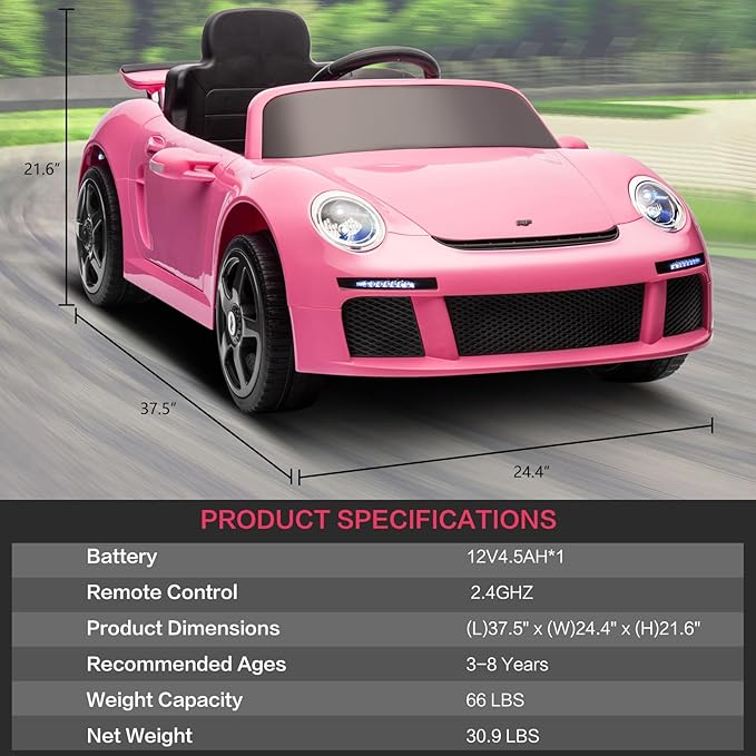 Licensed RUF CTR3 12V Kids Ride On Car with Parent Remote Control, MP3 Player, Battery Powered Electric Toy with 2 Motors, 3 Speeds, LED Lights - Pink