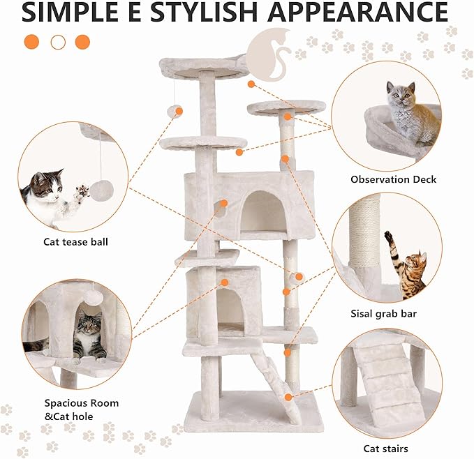 Cat Tree for Indoor Cats, Multi-Level Cat Tower with Scratching Posts & Cozy Condo, Space Saving Cat Activity Center, Durable Pet Play House (54in,Beige)