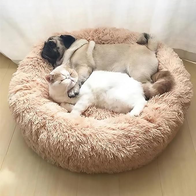 Calming Dog Bed for Small Dogs, Calming Donut Cuddler Pet Bed Anti Anxiety Round Dog Bed Fluffy Plush Faux Fur Cat Bed,Wine red,23.6IN