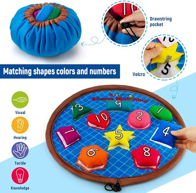 beetoy Shapes Bean Bags Matching Game - Toddler Preschool Learning Activities Memory for Numbers, Shapes, Colors, Words, Preschool Classroom Must Haves Learning Toys for Toddlers (10PCS) (Multicolor)