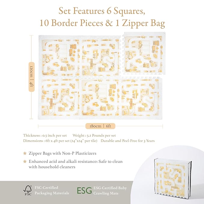 PopsyKosy Premium Baby Foam Play Mats - Stylish Floor & Exercise Puzzle Mat for Toddlers and Kids- 6 Soft, Non-Toxic, Odorless, Peel-Resistant Foam Tiles - 6ft x 4ft - 0.5” inch Thick, Warm Beige