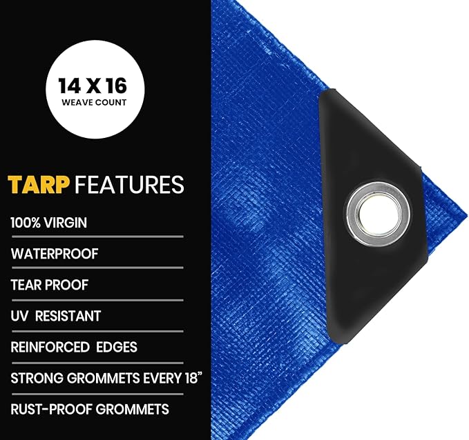 PROTARP Extra Heavy Duty 16 Mil Tarp Cover, Waterproof, UV Resistant, Rip and Tear Proof, Poly Tarpaulin with Reinforced Edges for Roof, Camping, Patio, Pool, Boat. (Blue 10′ X 10′)