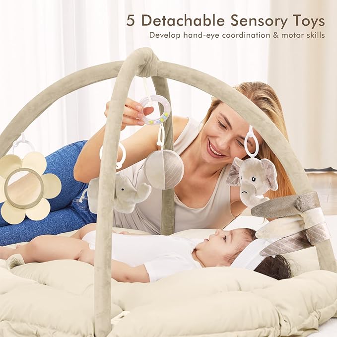 ANGELBLISS 5 in 1 Baby Play Gym Mat, Reversible Tummy Time Mat with 5 Sensory Toys for Stage-Based Developmental, Thick & Large Baby Activity Center from Newborn to Toddler (Khaki)