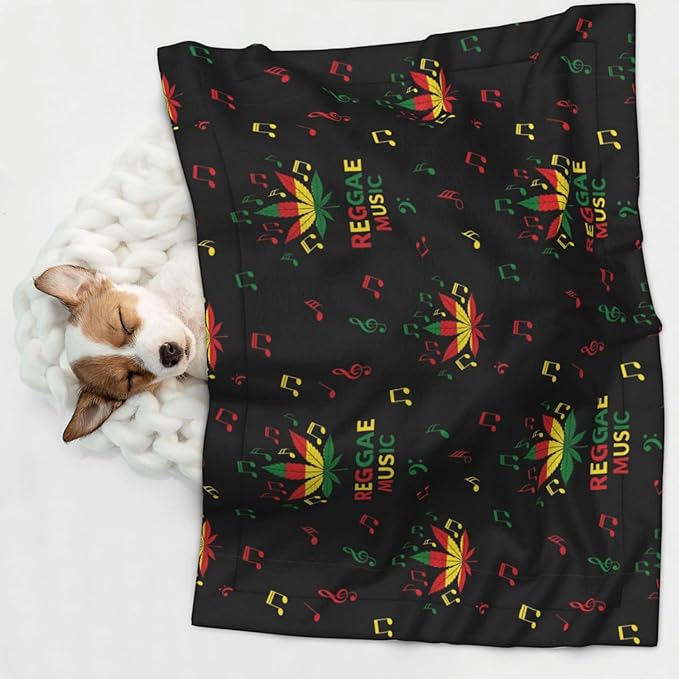 Double Sided Plush Pet Blanket for Small Large Animals, Rasta Reggae Music Note Weedleaf Leaf, Reversible Throw with Dimpled Dot Side and Flat Side for Kennels Living Rooms