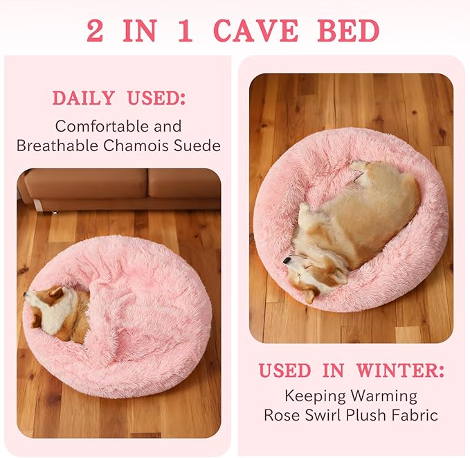 NOYAL Calming Dog Bed for Anxiety, Hooded Donut Cave with Blanket, Plush Fluffy Washable Pet Bed for Small Medium Dogs & Cats