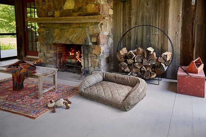 Orvis ComfortFill-Eco Bolster Dog Bed - Plush Rectangular Dog Beds with Three-Sided Bolster for Leaning, Heathered Khaki - S