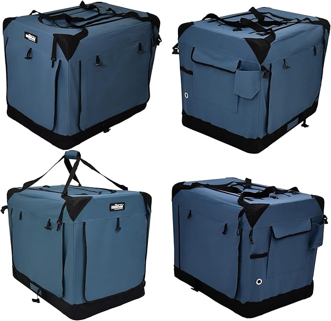 EliteField 4-Door Folding Soft Dog Crate with Curtains, Carrying Bag and Fleece Bed (2 Year Warranty), Indoor & Outdoor Pet Home (30" L x 21" W x 24" H, Blue Gray+4 Door Curtains)