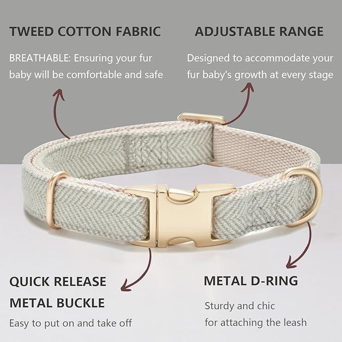 Soft Cotton Hemp Dog Collar with Metal Buckle Adjustable Tweed Dog Collars for Small Medium Large Dogs(Grey,Medium)