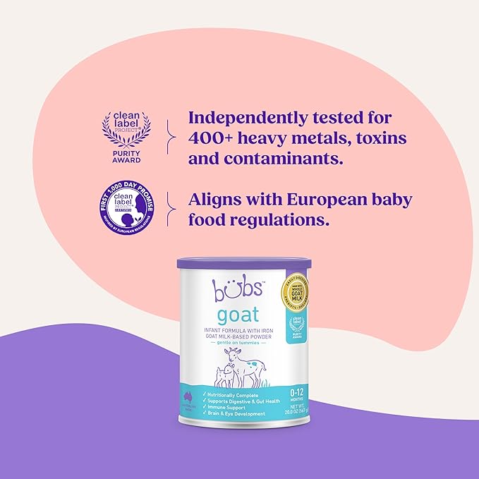 Bubs Whole Goat Milk Formula with Iron, Goat Milk-Based Powder, for Infants 0-12 Months, Made with Non-GMO Goat Milk, 20 oz