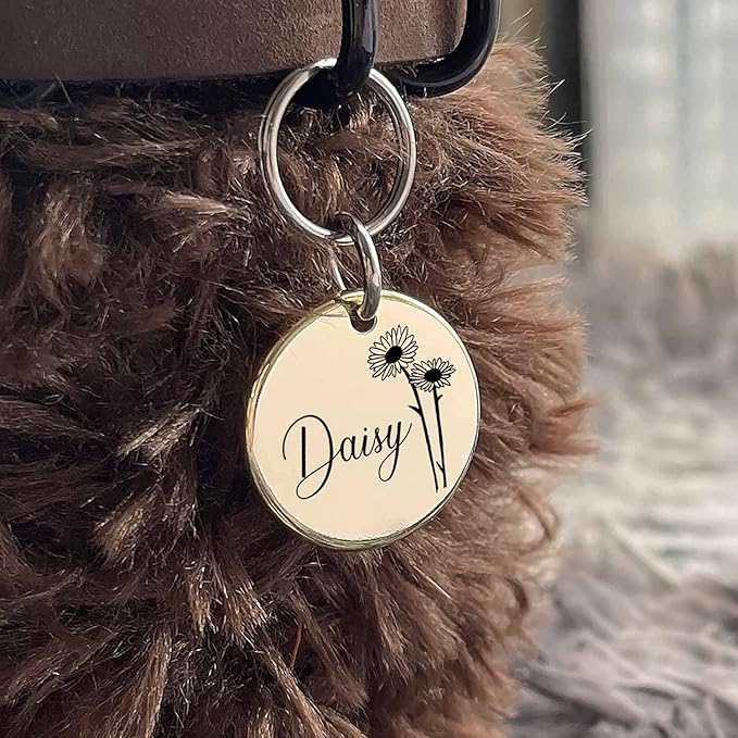 Cats Dogs ID Tags Personalized Engraving Birth Flowers Pattern for Custom Pets Collar Accessories 316L Stainless Steel Large Round Name Plate