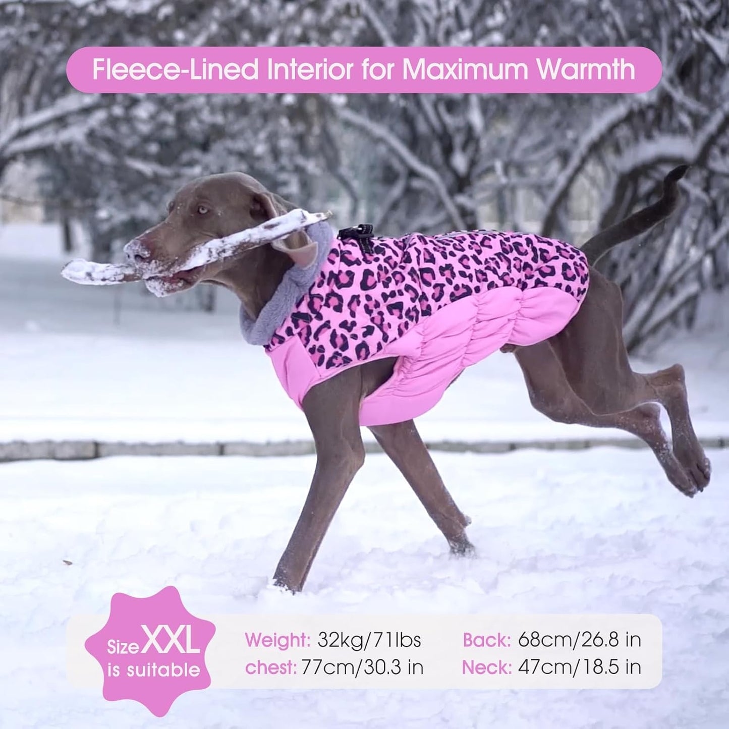 FUAMEY Dog Coat for Large Dogs,Waterproof Dog Winter Jacket with Harness Built in Puppy Cold Weather Coats Reflective Pet Vest with Zipper Warm Fleece Dogs Snowsuit Windproof Pink Leopard L
