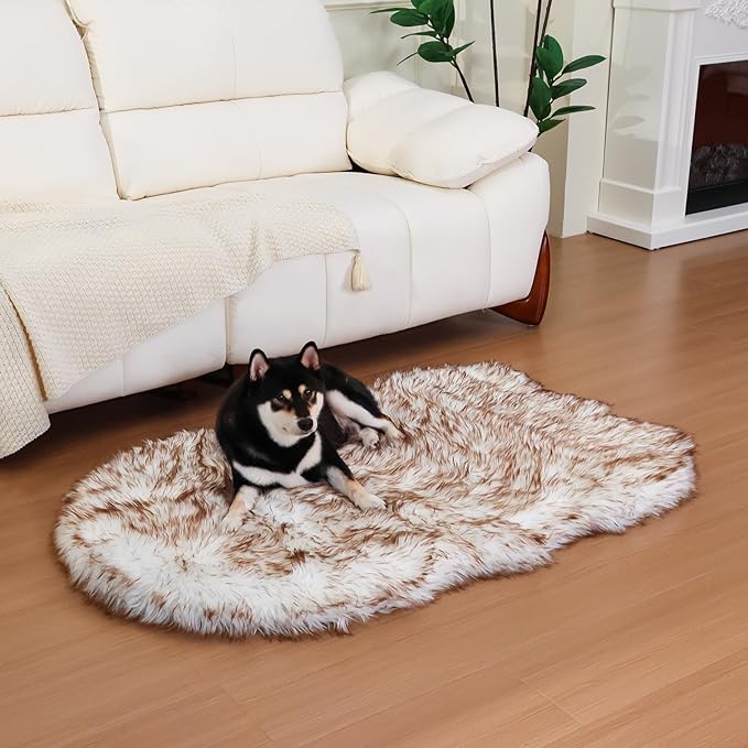 63 Inch Faux Fur Dog Bed for Large/Medium Dogs Orthopedic Beds with Fluffy Faux Fur & Soft Memory Foam for Joint Pain Relief, Machine Washable and Waterproof Dog Couch Beds White with Brown ﻿