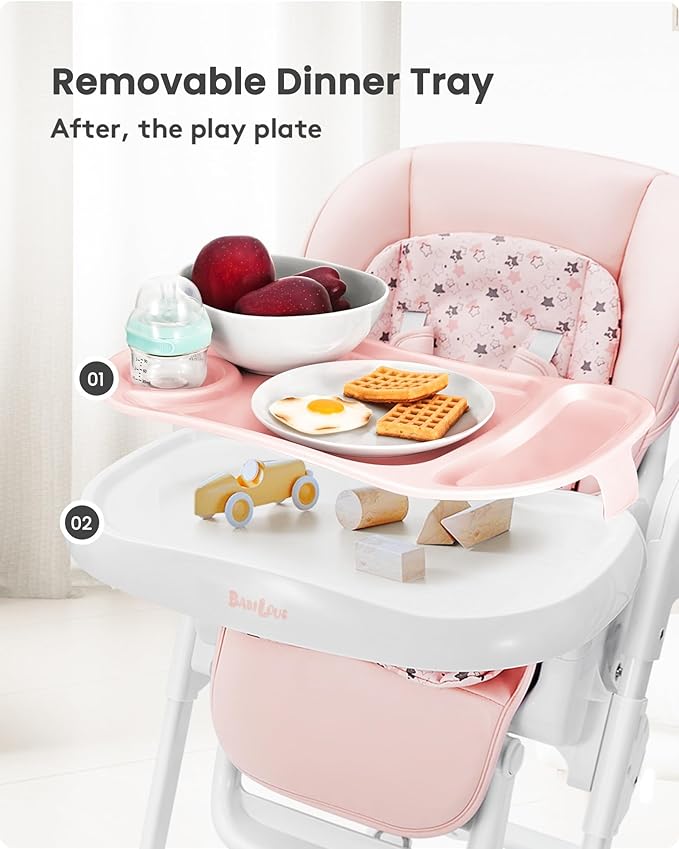 Foldable High Chair with Soft Cushion, High Chairs for Babies and Toddlers, Height Adjustable Feeding Chair, Adjustable Backrest and Footrest, Lockable Wheels, Star Pink
