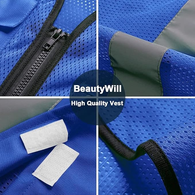 BeautyWill 10 Pack Mesh Safety Vest Custom Logo High Visibility Reflective Vest with Pockets Security Work Vest（Blue，XL）