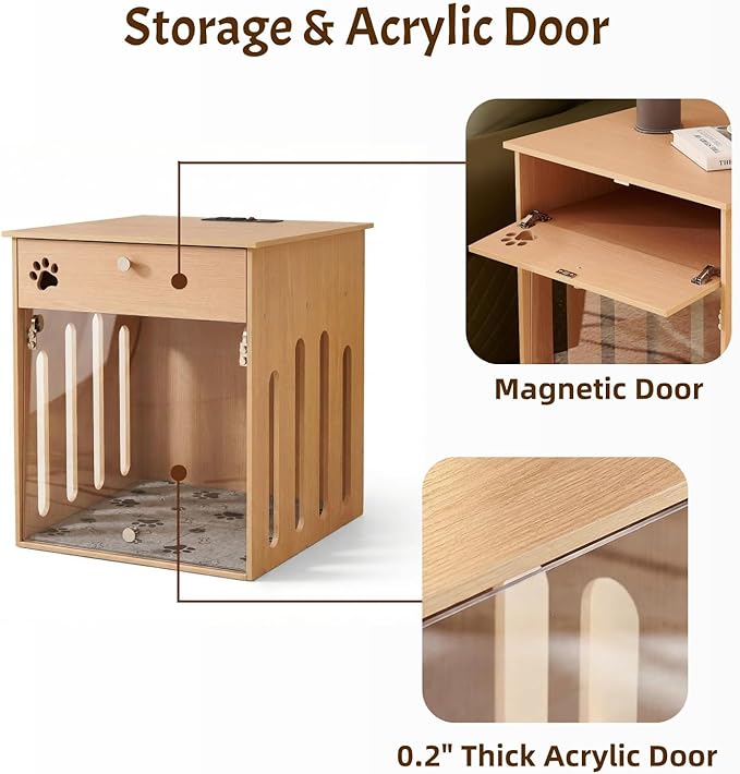 26 Inch Dog Crate Furniture for Small Dogs as Sofa Side Table with Flip-Up Acrylic Door, Storage Compartment & Charging Station
