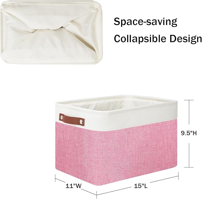 DULLEMELO Storage Baskets for Organizing, Shelves,Bedroom, Decorative Storage Bins with Faux Leather Handles, Fabric Storage Basket for Office, Toys(3-Pack, White&Pink)