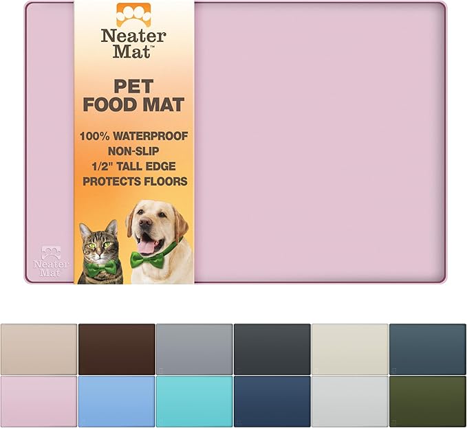 Neater Pet Brands Neater Mat Pet Mats for Food and Water, Cat & Dog Bowl Mat Waterproof Silicone, Feeding Tray, Dog Food Mats for Floors, Placemat w/Raised Edge for Under Bowls, 16” x 10”, Light Pink