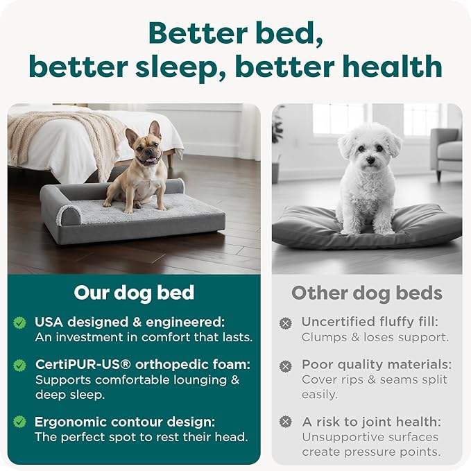 FurHaven Orthopedic Dog Bed for Medium Dogs, L-Shaped Chaise Mattress with Orthopedic Egg Crate & a Solid Orthopedic Foam Base for Joint Support, Washable Cover, Medium, Faux Fur & Suede, Stone Gray