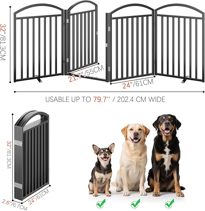 Folding No-Assembly Freestanding Dog Gate with Door,32" Heights Foldable Pet Fence,96" Extra Wide Accordion Puppy Folding Playpen for Doorways,House,Stairs (4 Panels,Black)