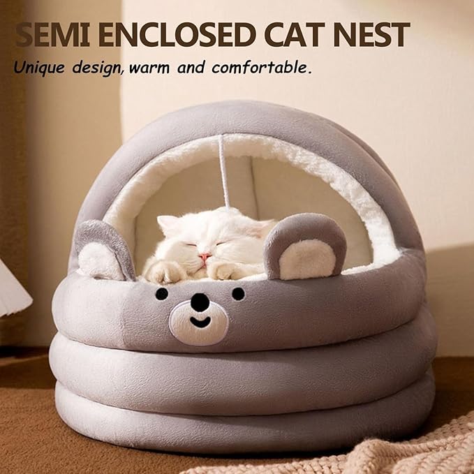 Cat Bed for Indoor Cats, Dog Bed with Anti-Slip Bottom, Rabbit-Shaped Cat/Small Dog Cave with Hanging Toy, Puppy Beds with Removable Cotton Pad, Super Soft Calming Pet Sofa Bed (Gray, Medium)