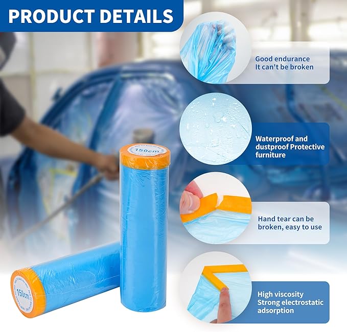 Pre-Taped Automotive Masking Film 4 Pack 59 in x 65 feet Rolls, Tape and Drape, Painters Plastic Drop Cloth for Automotive Painting Covering, House Decoration Furniture Floor Dustproof Cover