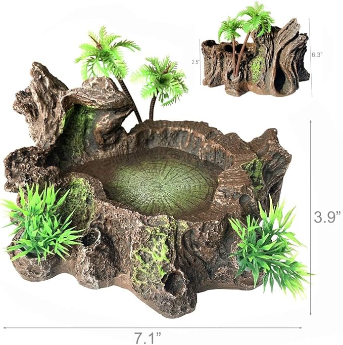 PINVNBY Reptile Water Dish, Bearded Dragon Water Bowl, Resin Reptile Platform with Artificial Plants Food Water Dish Bowl for Bearded Dragon, Crested Gecko, Hermit Crab, Snake (Smooth)