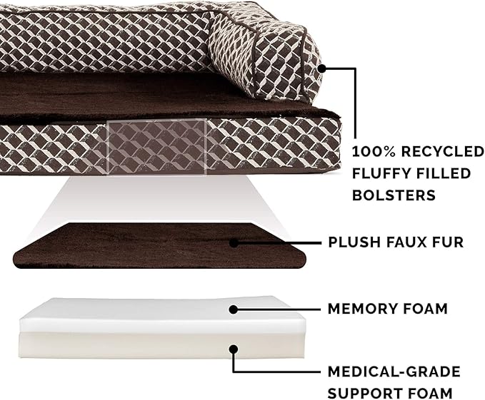 Furhaven Memory Foam Dog Bed for Large Dogs w/ Removable Bolsters & Washable Cover, For Dogs Up to 125 lbs - Plush & Woven Decor Comfy Couch Sofa - Diamond Brown, Jumbo Plus/XXL