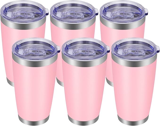 VEGOND 20oz Tumbler with Lid and Straw Stainless Steel Tumbler Cup Bulk Vacuum Insulated Double Wall Travel Coffee Mug Powder Coated Coffee Cup(Pink 6 Pack