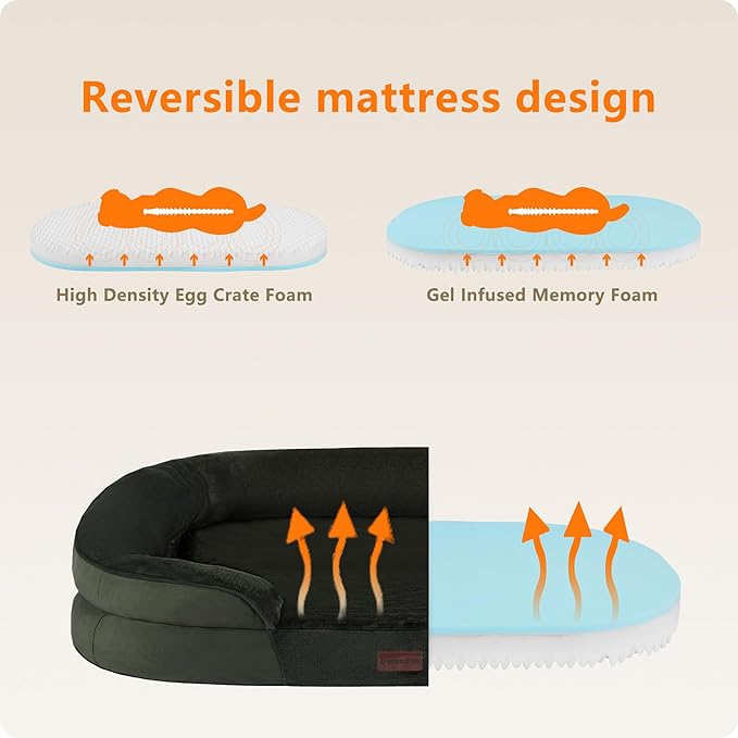 Dwanton Orthopedic Dog Bed for Medium Dogs with Gel Memory Foam, Waterproof Dog Sofa, Washable Pet Bed with Four Sided Bolster Cushion, Removable Cover & Non-Slip Bottom, 35", Green