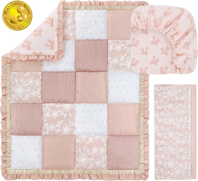 The Peanutshell 3 Piece Baby Crib Bedding Set for Girls - Cotton Fitted Crib Sheet, Layered Dust Ruffle, Comforter, Newborn, Infant & Toddler Vintage Nursery Bed Set Decor, Pink, Gold, Floral - Grace