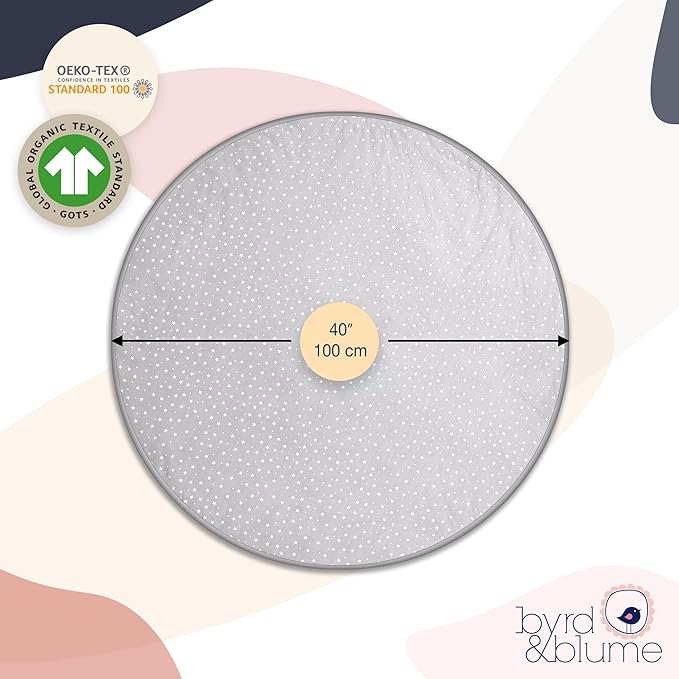 Byrd & Blume Round Baby Play Mat, Organic Cotton Soft Padded Nursery Floor Mat, Safe Hypoallergenic Baby Mat, Reversible, Foldable, Portable Infant Tummy Time Mat Fits Tents & Playpens (40"x40") Gray