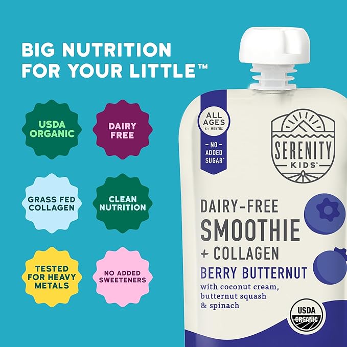 Serenity Kids 6+ Months Dairy Free Smoothie Baby Food - USDA Organic - Grass Fed Collagen Protein - 3.5 Ounce BPA-Free Pouch - Berry Butternut Protein Smoothie Baby Pouches - 6 Count