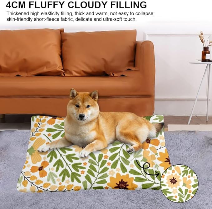 Natural Yellow Floral Green Dog Bed Machine Washable Dog Bed Crate Mat Pad for Crate Small Washable Non-Slip Cushion for Cage Small Mat Kennel Pillow Dogs Indoor Outdoor 24X18 Inch