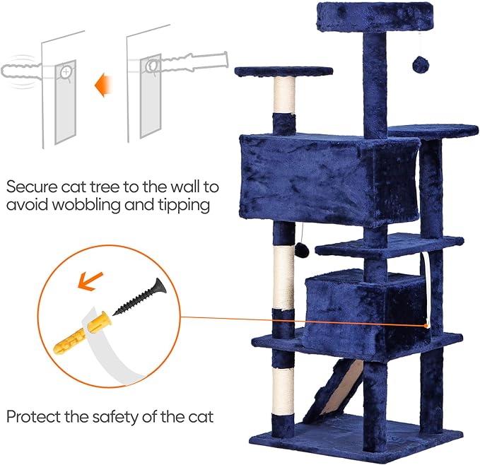 Multi-Level Cat Tree Tower with Condos, 54" Tall Cat Activity Center with Plush Perches and Toys, Space Saving Pet Playhouse for Kittens and Cats (Blue)