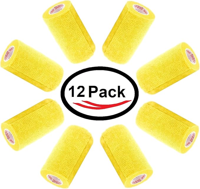 3 Inch Vet Wrap Tape Bulk (Yellow) (Pack of 12) Self Adhesive Adherent Adhering Flex Bandage Grip Roll for Dog Cat Pet Horse