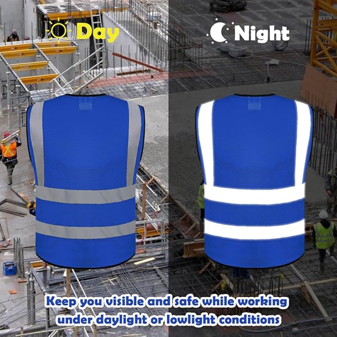 BeautyWill 10 Pack Mesh Safety Vest Custom Logo High Visibility Reflective Vest with Pockets Security Work Vest（Blue，XL）